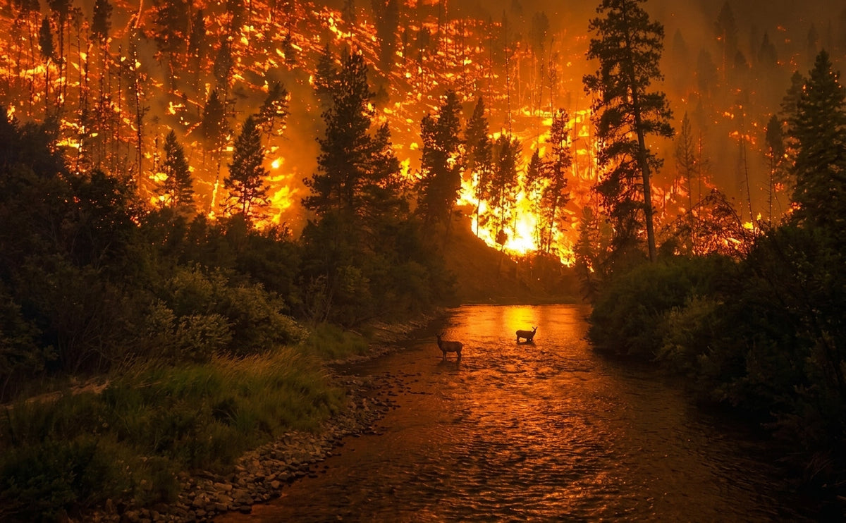 Massive wildfire burning across a forested hillside with elk standing in a river for refuge