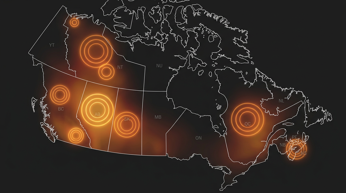 Map of Canada showing escalating wildfire zones from 2020 to 2026 with glowing amber fire markers across all provinces and territories