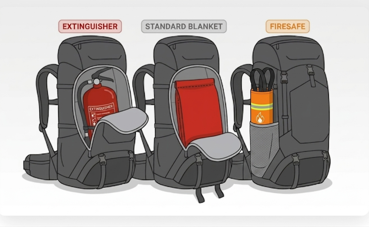 Side-by-side infographic comparing three backpacks: one with a bulky fire extinguisher, one with a flat red traditional fire blanket, and one with the slim orange FireSafe pouch in a side water bottle pocket