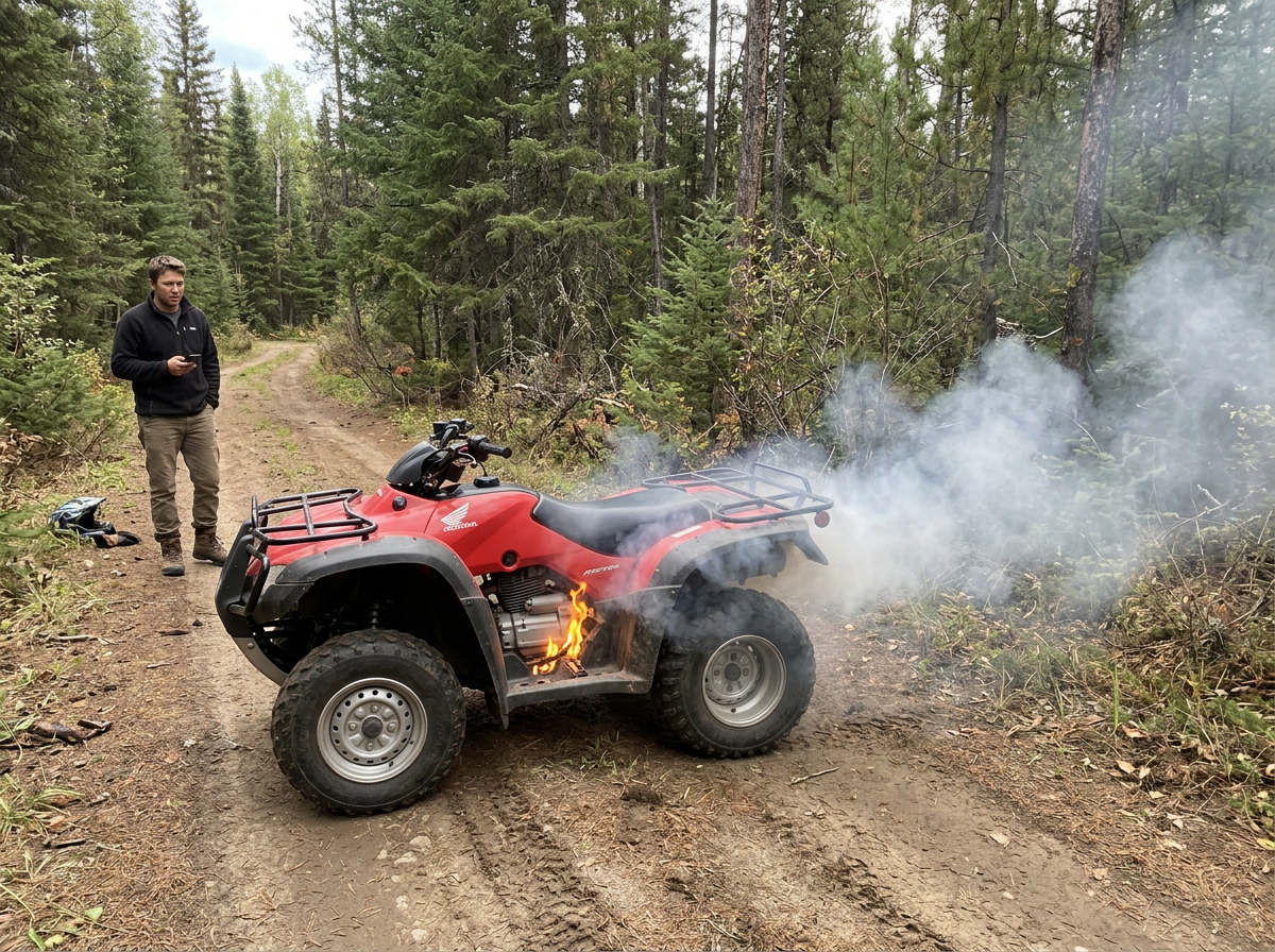 Engine fire on an off-road vehicle on a forest dirt road